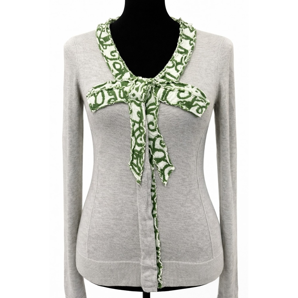 Anthropologie By Moth Womens Intarsia Snap Down‎ Cardigan Medium Gray Green Bow